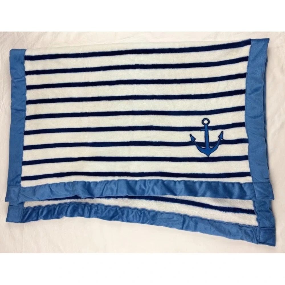 Baby Lounge Blue Stripe ANCHOR Blanket‎ Soft Fleece Embroidered Lovey Nautical